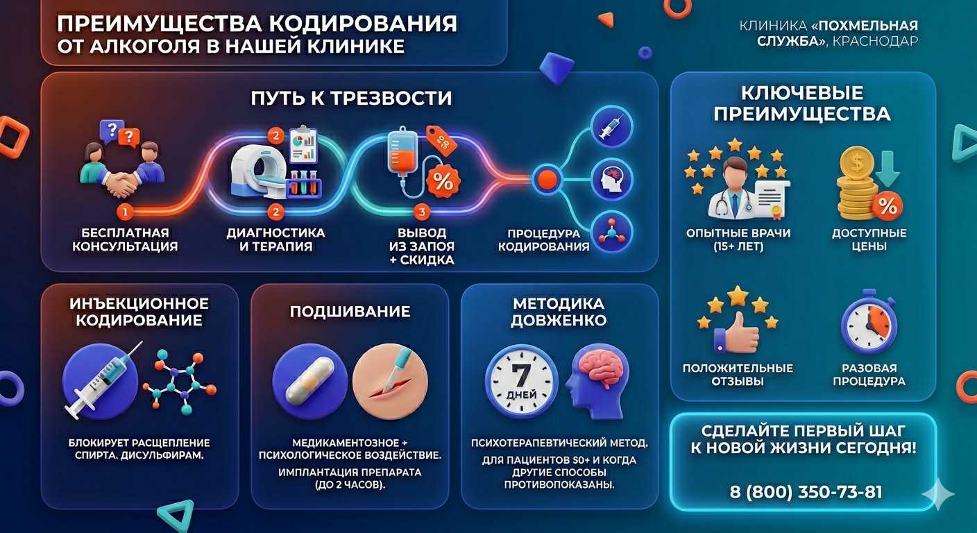 Инфографика о методах кодирования от алкоголя в Торезе: инъекции, подшивание, метод Довженко. Преимущества клиники и этапы лечения.