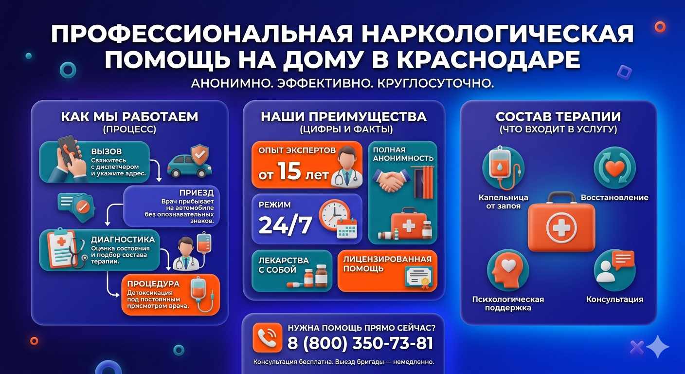 Инфографика о принципах лечения алкоголизма на дому в Торезе: этапы вызова нарколога, преимущества анонимной детоксикации и состав медицинской помощи.